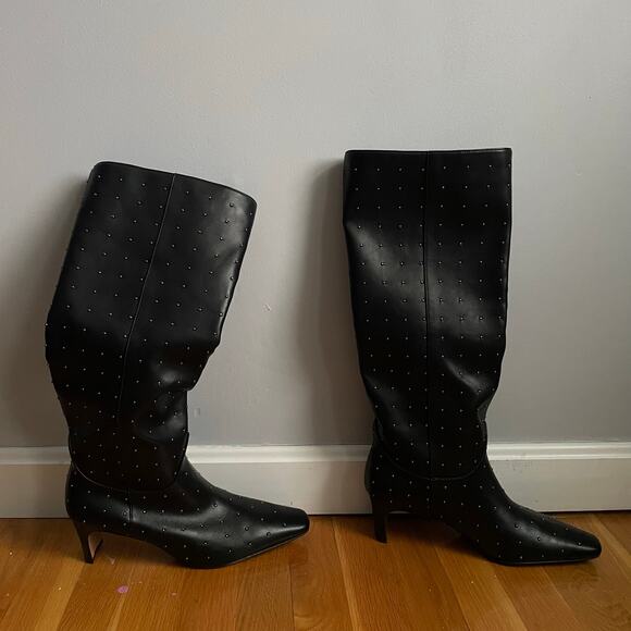 Aqua Black Tall Heris Studded Pointed Toe Boots 2" Heel Size 8.5 Punk Goth - Picture 2 of 5